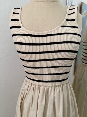 Moon River Cream and Black Striped Knit Bodice Mini Dress